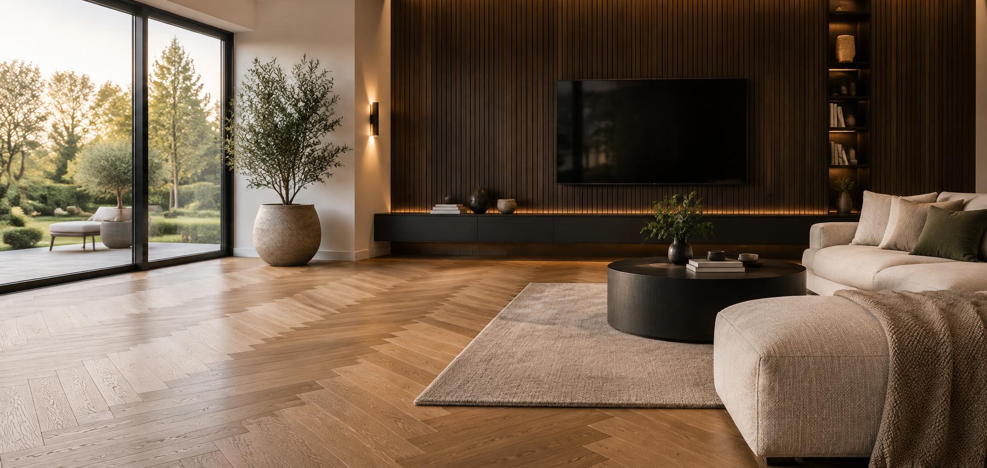 Woonkamer met eiken visgraatvloer en houten wandpanelen